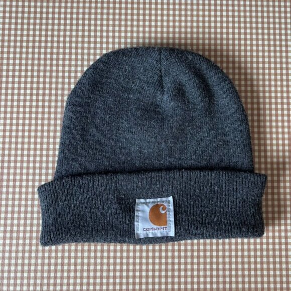 Vintage Carhartt Beanie Hat USA MADE One Size Gray Knit Cuffed Logo Y2K Gorp - Picture 1 of 9